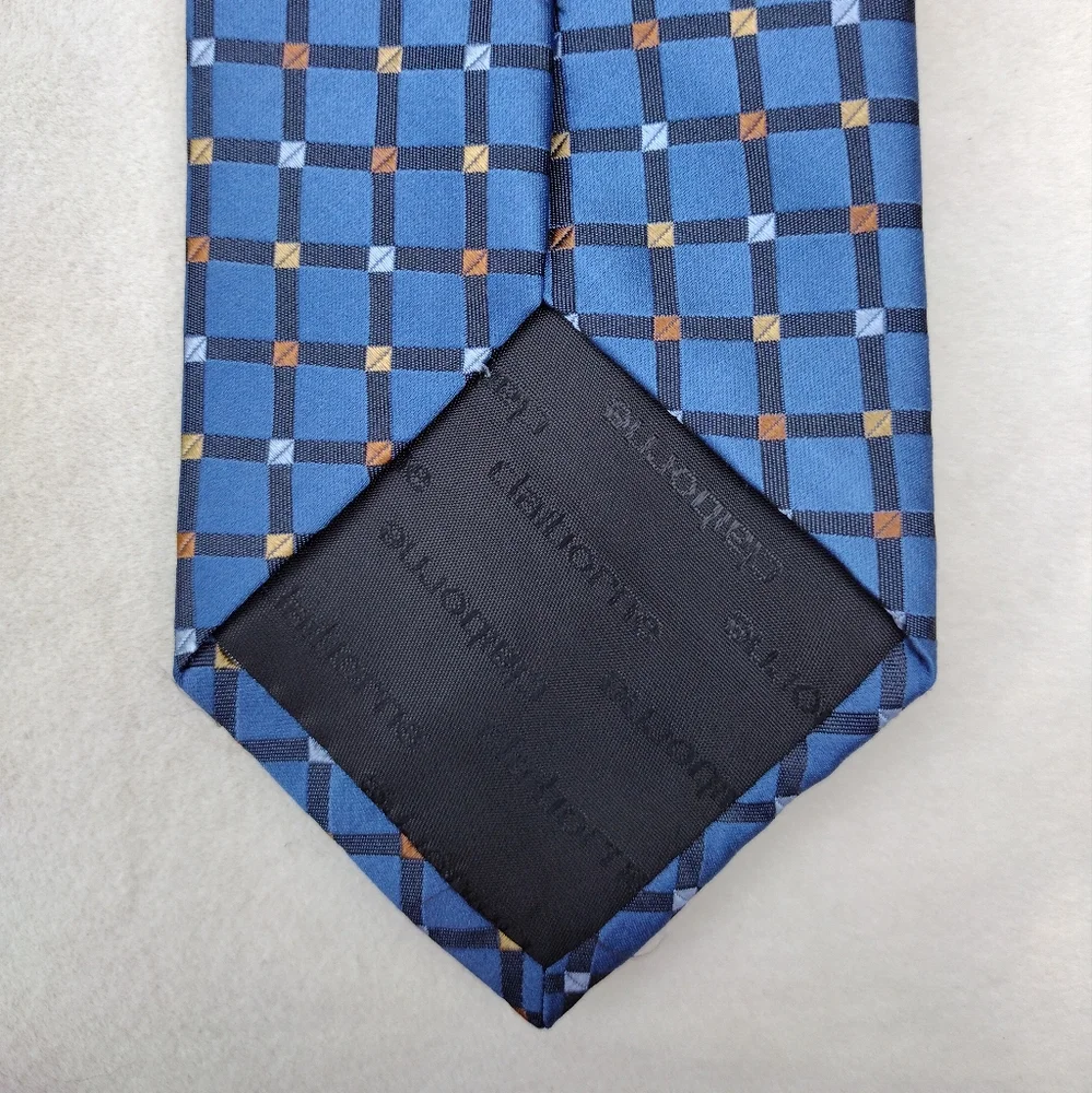 Silk Claiborne Blue, Gold, and Copper Square Geometric Tie EUC